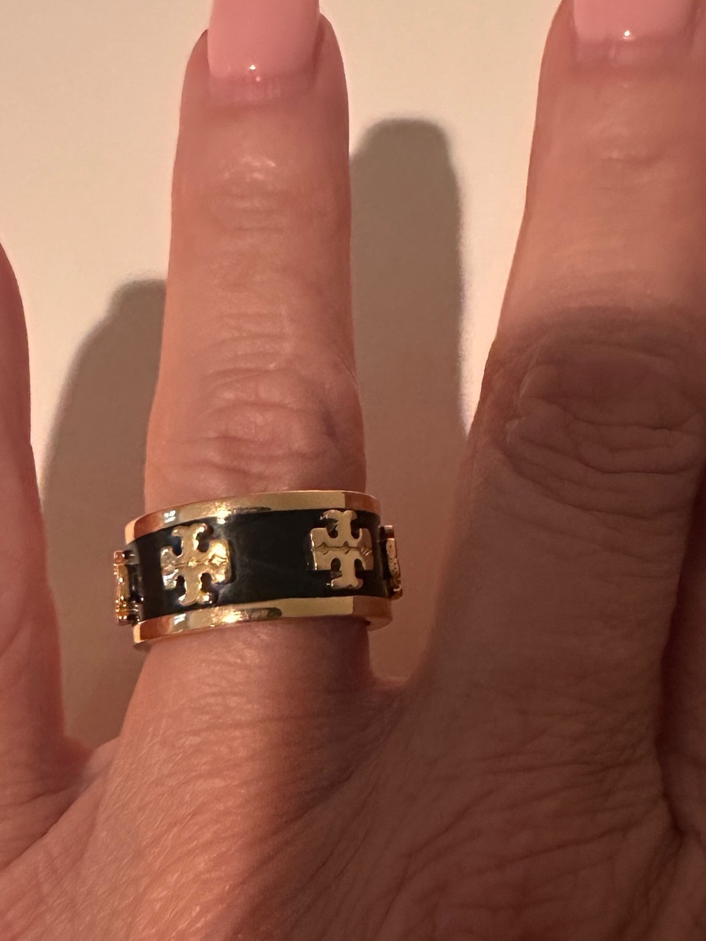 Tory Burch Black Enamel and Gold Logo Ring